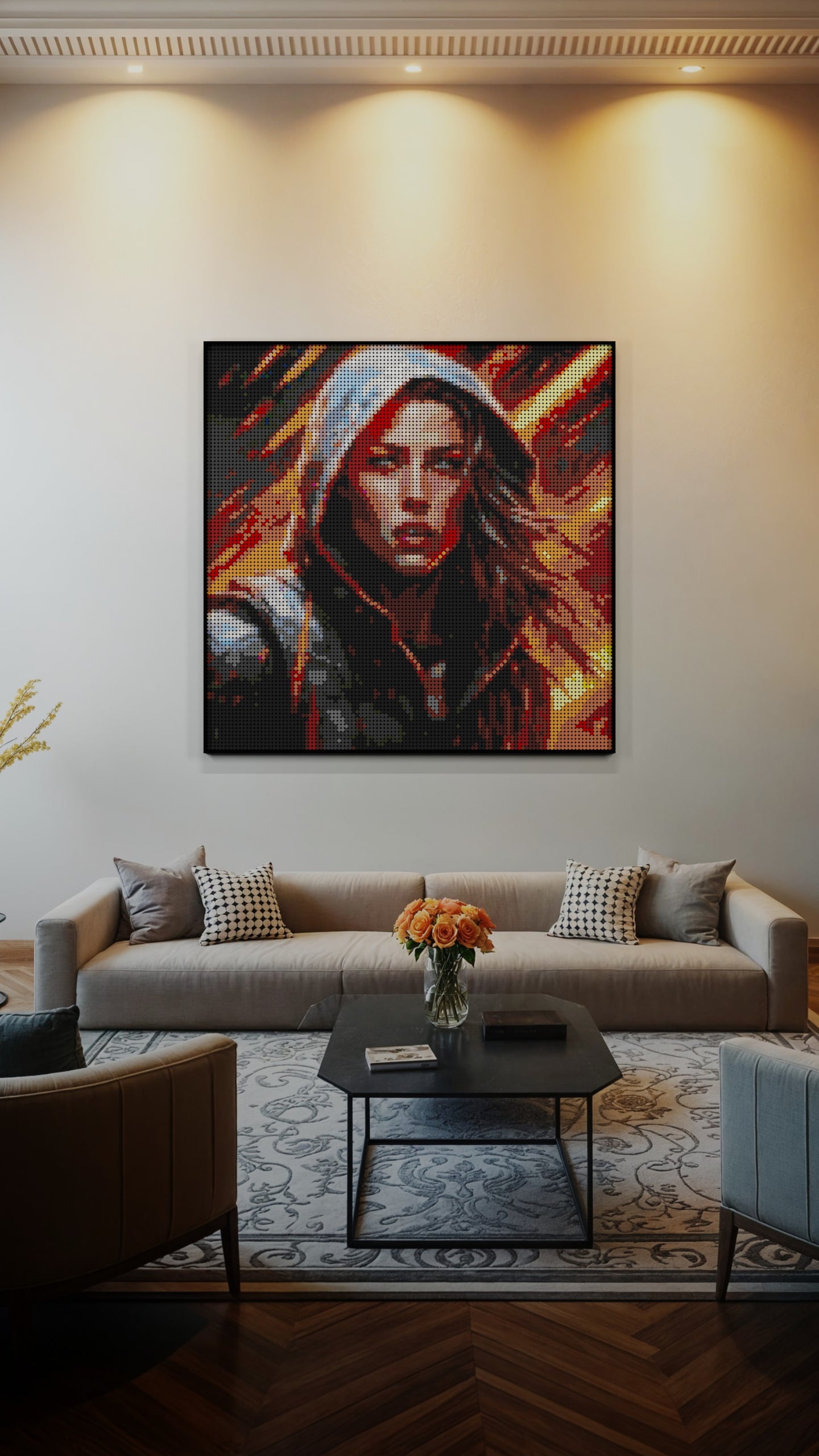 Leona Hellfire LEGO® Style mosaic wall art made from colorful plastic bricks